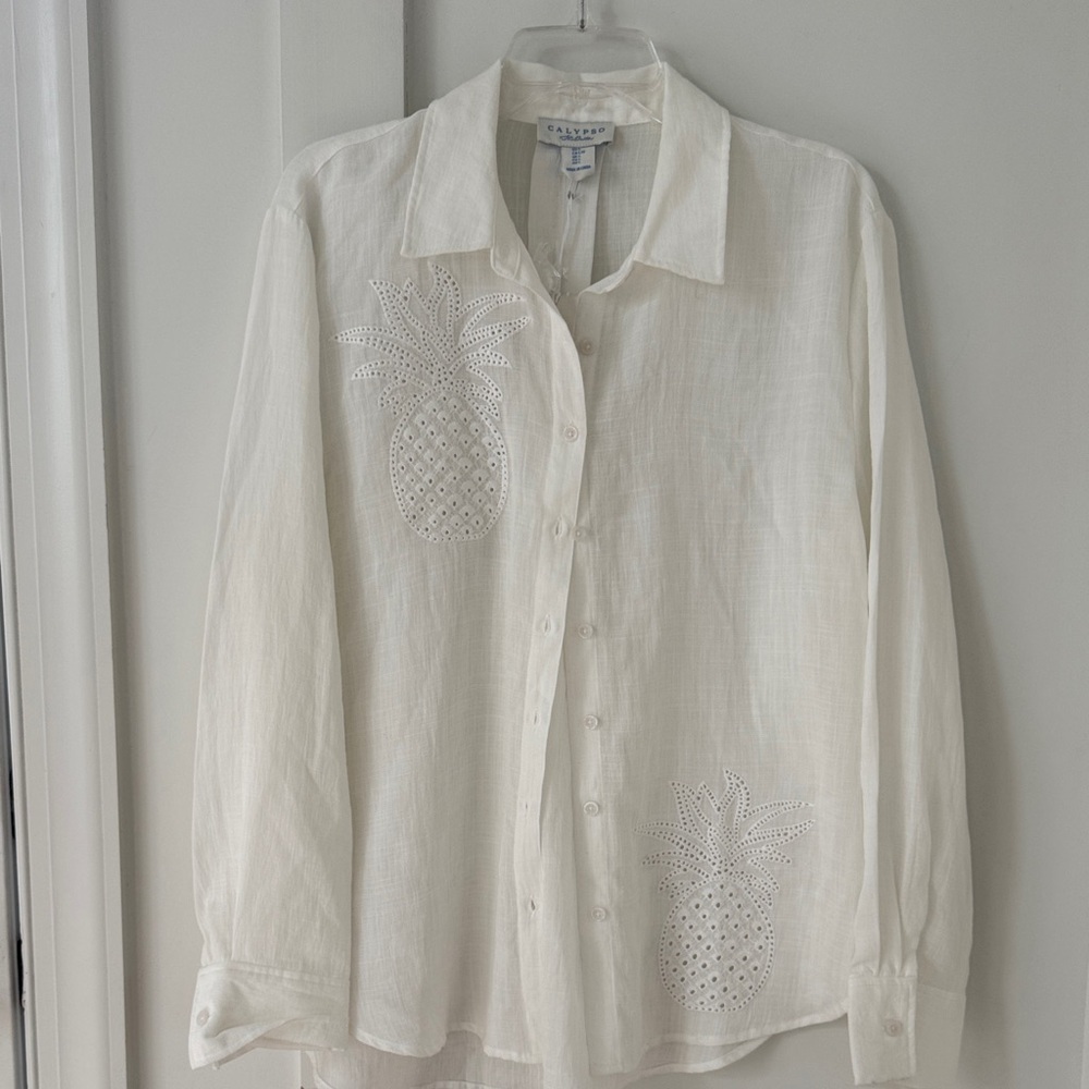 NWY Calypso St Barth White Pineapple Blouse Size L